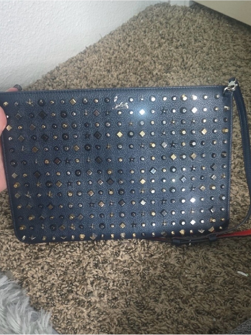 Christian Louboutin Dark Navy Blue W Gold/Silver Stud Crossbody Loubiposh (EUC)✨
